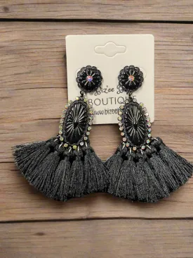 Oval Concho & Rhinestones Tassel Earrings