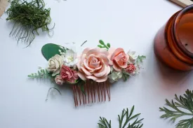Peach hair comb, Peach Mulberry Paper Rose Wedding Comb, Rose Gold Bridal Hair Comb, wedding accessories, hair accessories