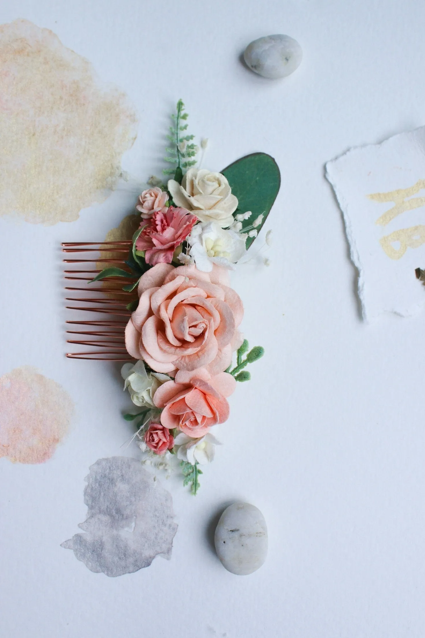 Peach hair comb, Peach Mulberry Paper Rose Wedding Comb, Rose Gold Bridal Hair Comb, wedding accessories, hair accessories