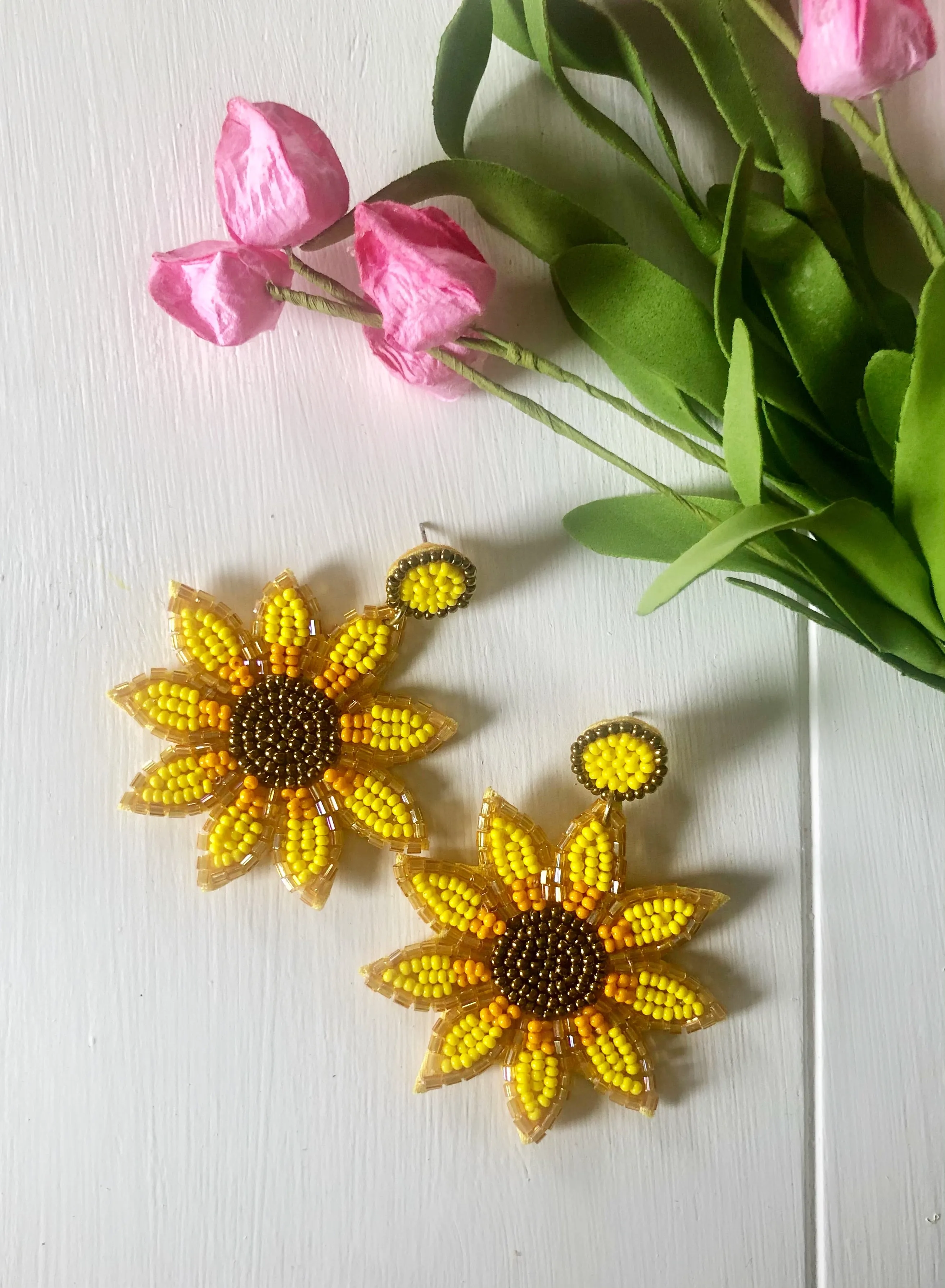 Pure Sunshine Sunflower Beaded Drop Earrings