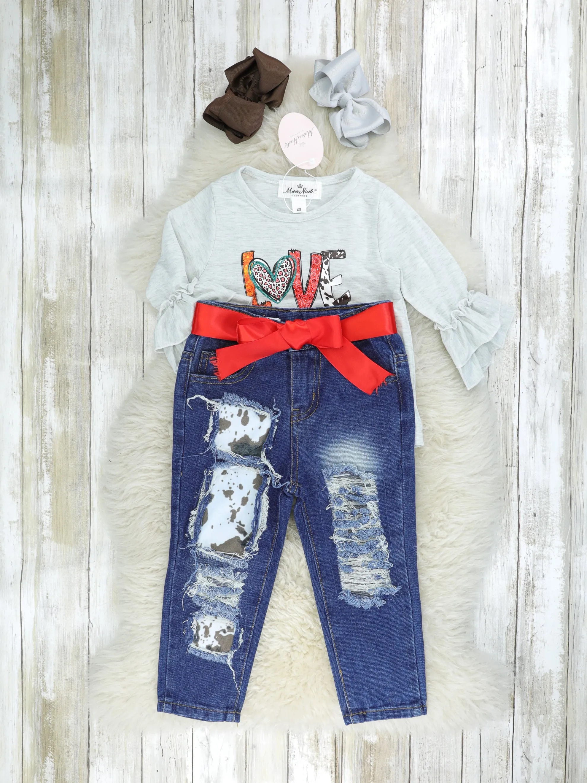 "LOVE" Cow Print Denim Outfit