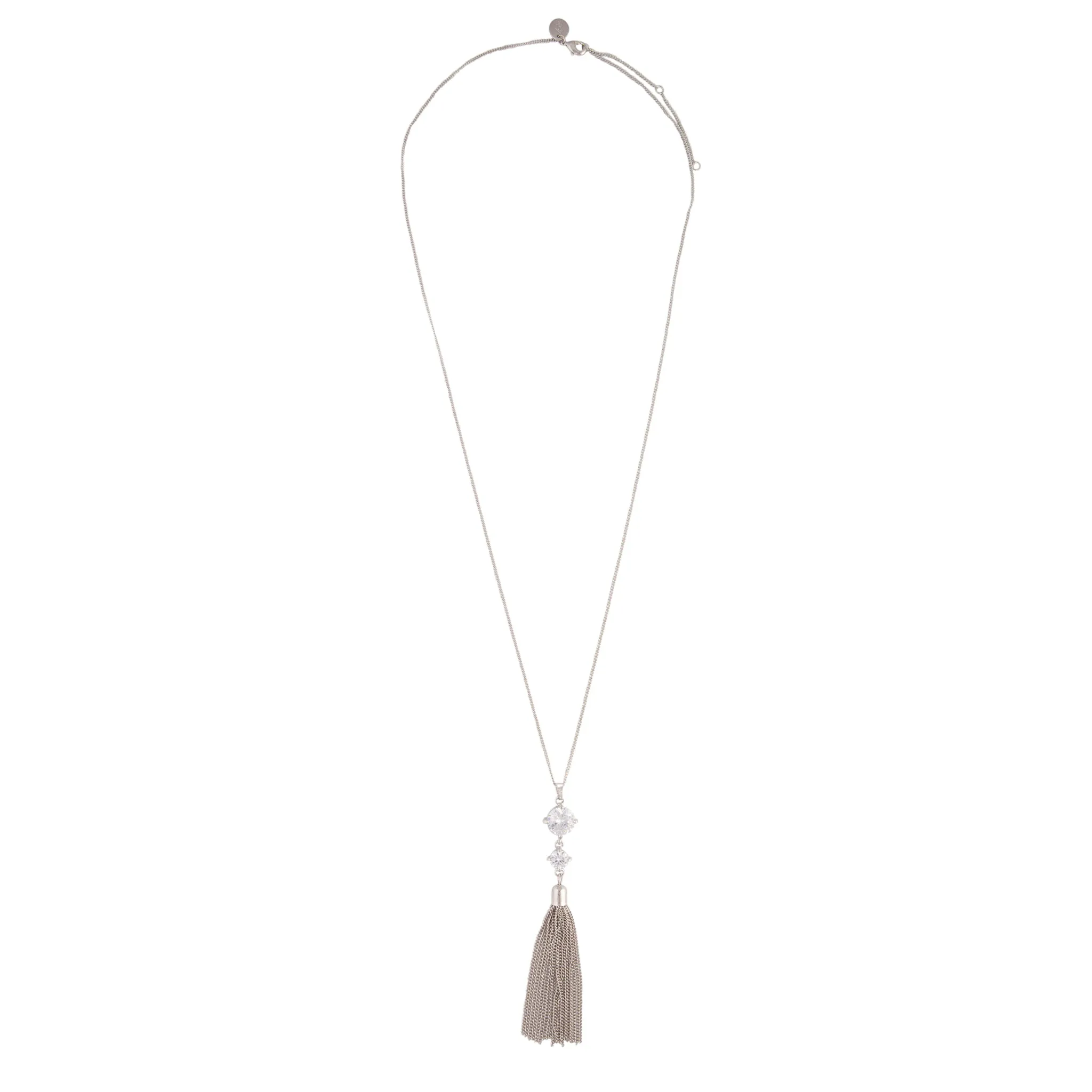Rhodium 2 Diamante Metal Tassel Necklace