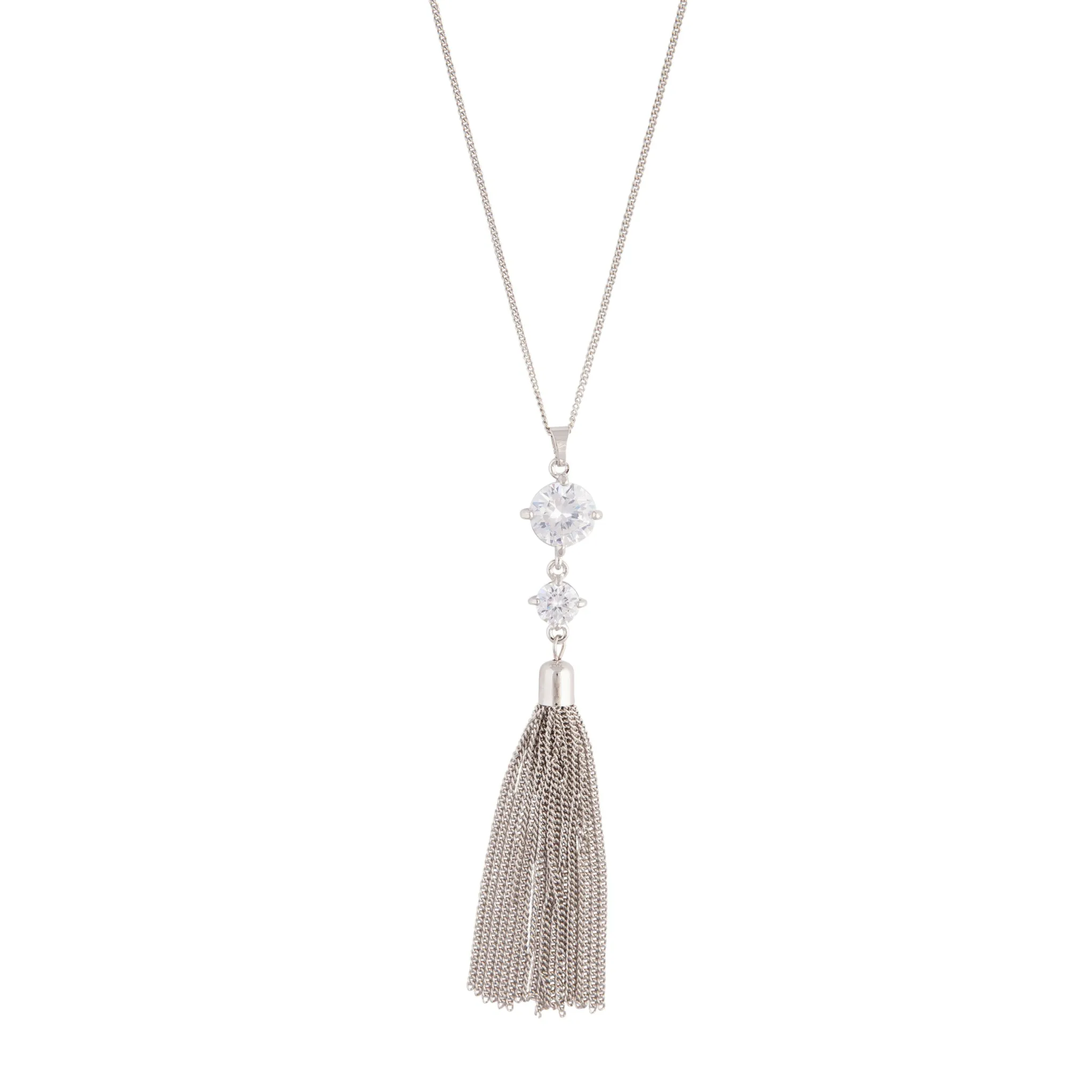 Rhodium 2 Diamante Metal Tassel Necklace
