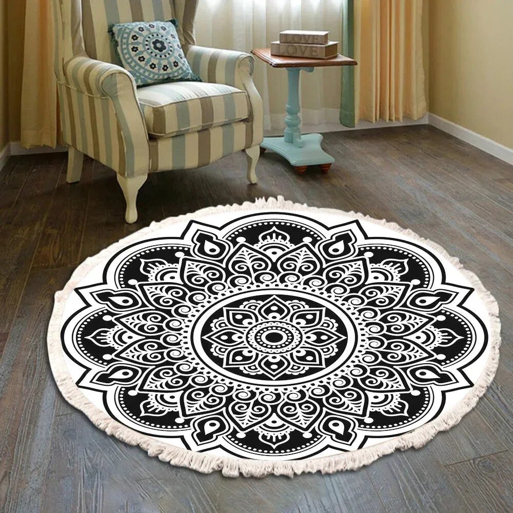 SINOTAO  -  Hand Woven Cotton Linen Carpet Retro Bohemian Round Bedside Geometric Floor Mat Living Room Home Decor Boho Mandala Tassel Rug