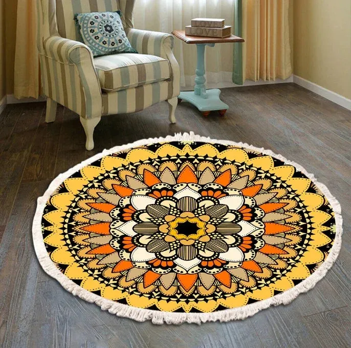 SINOTAO  -  Hand Woven Cotton Linen Carpet Retro Bohemian Round Bedside Geometric Floor Mat Living Room Home Decor Boho Mandala Tassel Rug