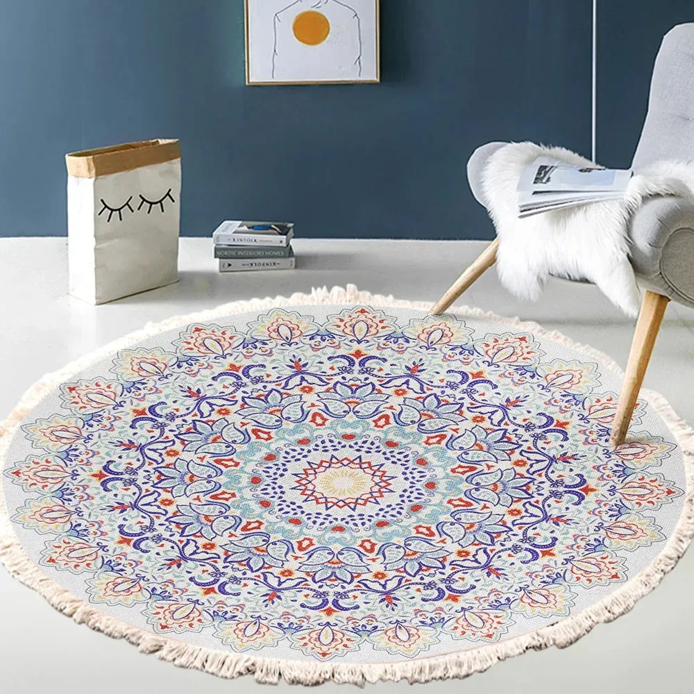 SINOTAO  -  Hand Woven Cotton Linen Carpet Retro Bohemian Round Bedside Geometric Floor Mat Living Room Home Decor Boho Mandala Tassel Rug