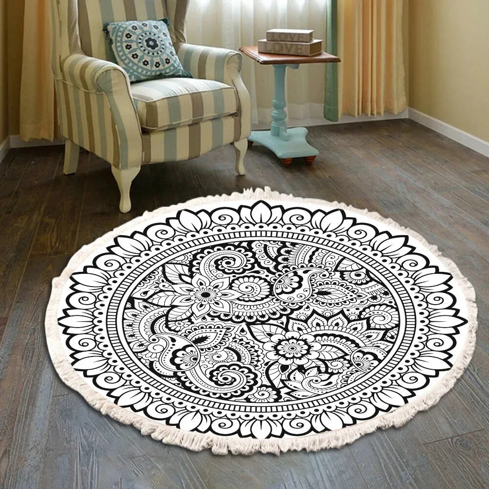 SINOTAO  -  Hand Woven Cotton Linen Carpet Retro Bohemian Round Bedside Geometric Floor Mat Living Room Home Decor Boho Mandala Tassel Rug