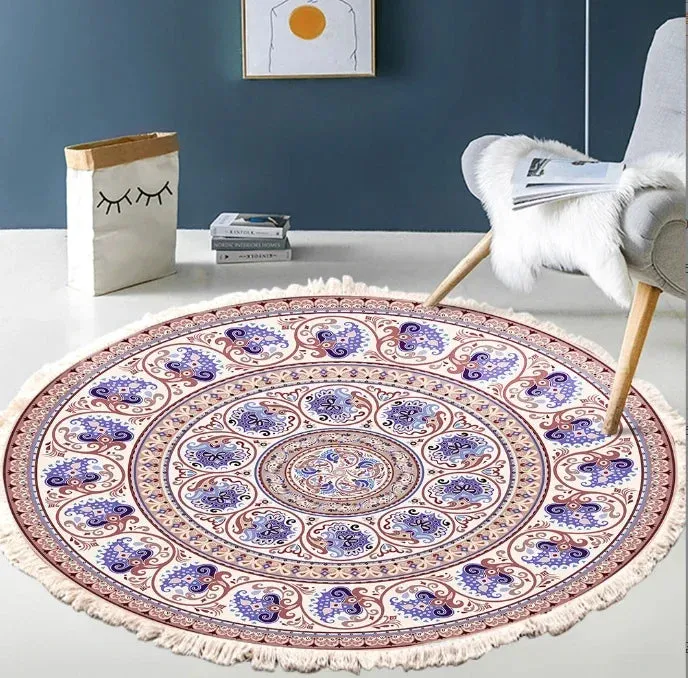SINOTAO  -  Hand Woven Cotton Linen Carpet Retro Bohemian Round Bedside Geometric Floor Mat Living Room Home Decor Boho Mandala Tassel Rug