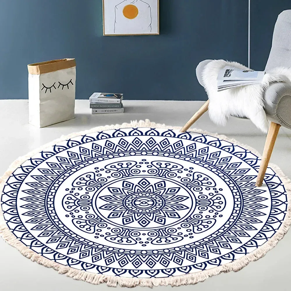 SINOTAO  -  Hand Woven Cotton Linen Carpet Retro Bohemian Round Bedside Geometric Floor Mat Living Room Home Decor Boho Mandala Tassel Rug
