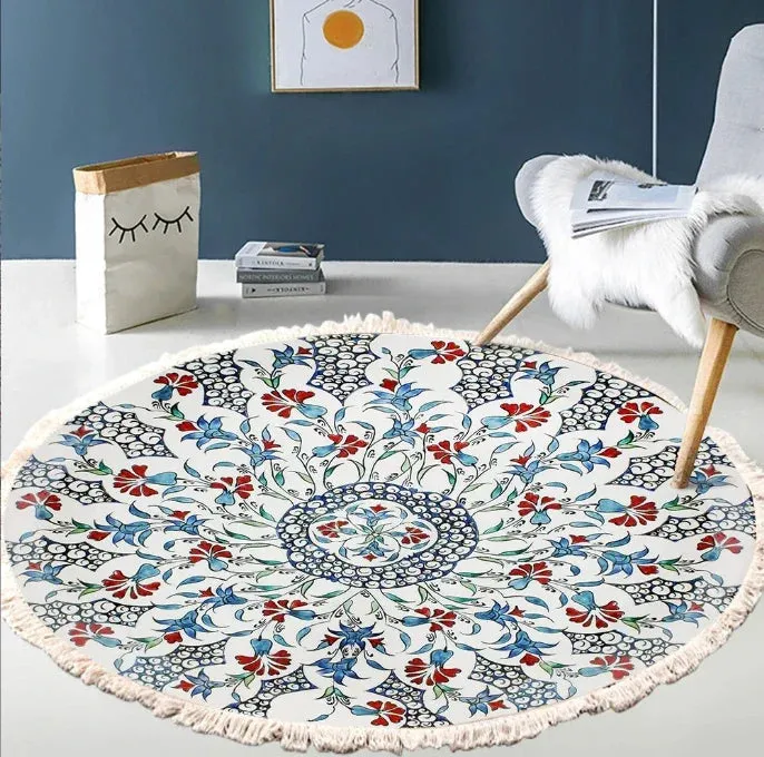 SINOTAO  -  Hand Woven Cotton Linen Carpet Retro Bohemian Round Bedside Geometric Floor Mat Living Room Home Decor Boho Mandala Tassel Rug