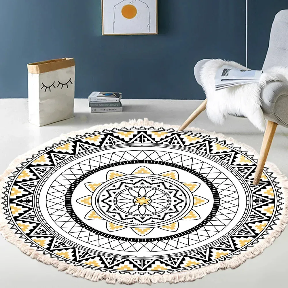 SINOTAO  -  Hand Woven Cotton Linen Carpet Retro Bohemian Round Bedside Geometric Floor Mat Living Room Home Decor Boho Mandala Tassel Rug