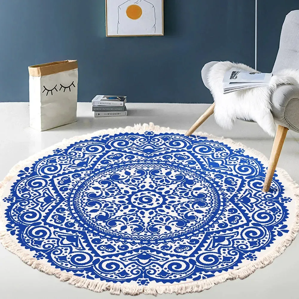 SINOTAO  -  Hand Woven Cotton Linen Carpet Retro Bohemian Round Bedside Geometric Floor Mat Living Room Home Decor Boho Mandala Tassel Rug