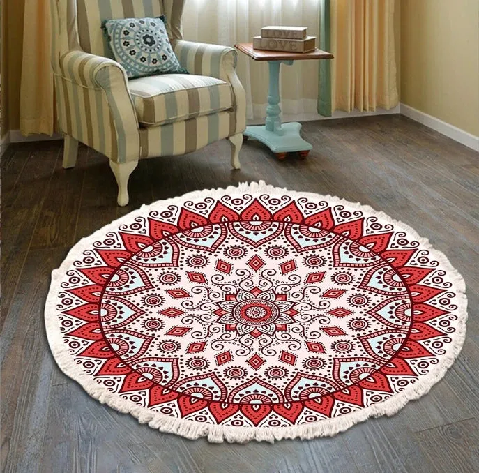 SINOTAO  -  Hand Woven Cotton Linen Carpet Retro Bohemian Round Bedside Geometric Floor Mat Living Room Home Decor Boho Mandala Tassel Rug