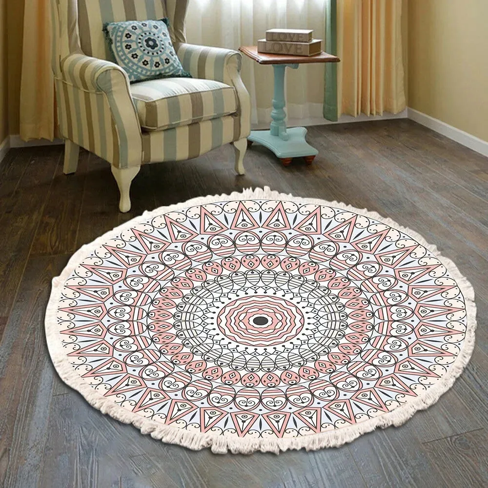 SINOTAO  -  Hand Woven Cotton Linen Carpet Retro Bohemian Round Bedside Geometric Floor Mat Living Room Home Decor Boho Mandala Tassel Rug