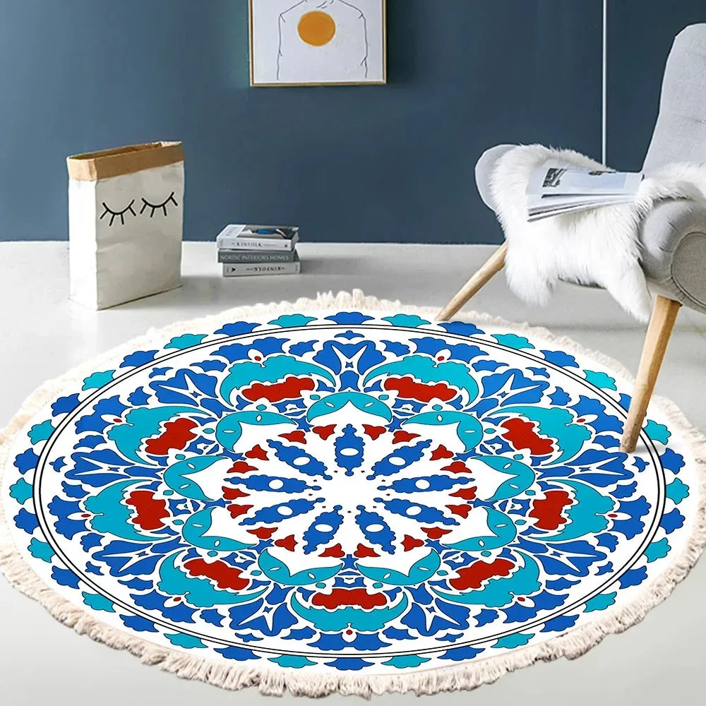 SINOTAO  -  Hand Woven Cotton Linen Carpet Retro Bohemian Round Bedside Geometric Floor Mat Living Room Home Decor Boho Mandala Tassel Rug