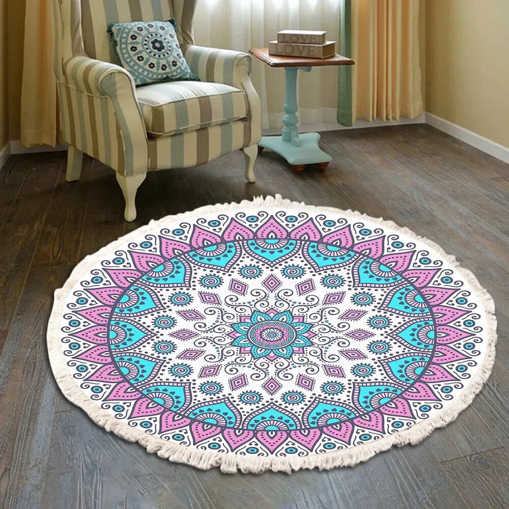 SINOTAO  -  Hand Woven Cotton Linen Carpet Retro Bohemian Round Bedside Geometric Floor Mat Living Room Home Decor Boho Mandala Tassel Rug