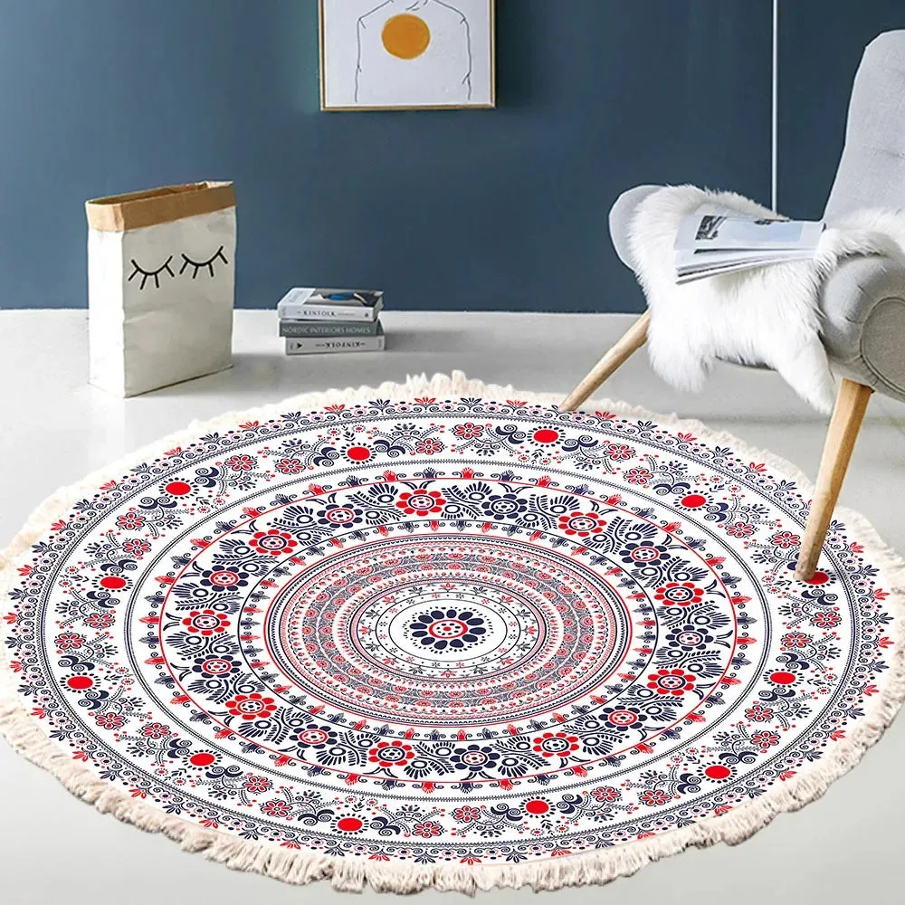 SINOTAO  -  Hand Woven Cotton Linen Carpet Retro Bohemian Round Bedside Geometric Floor Mat Living Room Home Decor Boho Mandala Tassel Rug