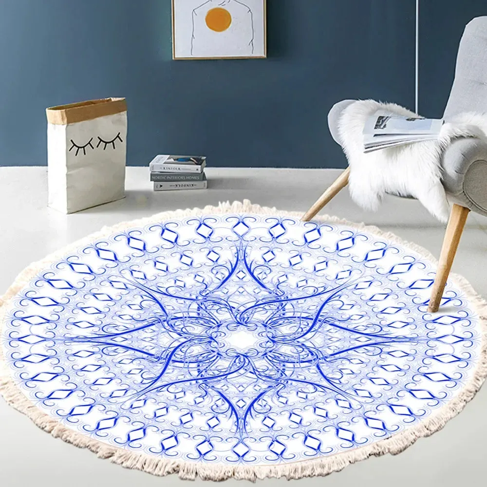 SINOTAO  -  Hand Woven Cotton Linen Carpet Retro Bohemian Round Bedside Geometric Floor Mat Living Room Home Decor Boho Mandala Tassel Rug