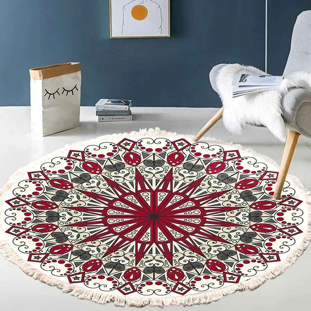 SINOTAO  -  Hand Woven Cotton Linen Carpet Retro Bohemian Round Bedside Geometric Floor Mat Living Room Home Decor Boho Mandala Tassel Rug