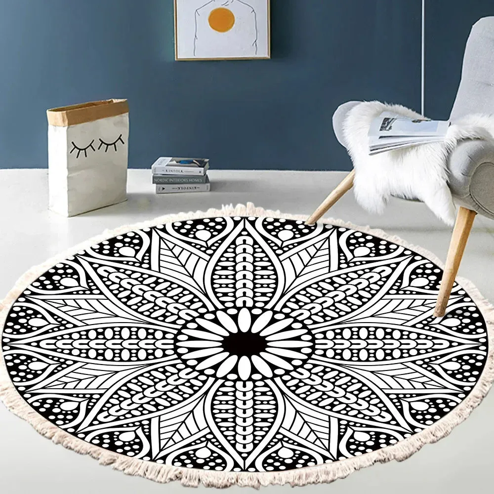 SINOTAO  -  Hand Woven Cotton Linen Carpet Retro Bohemian Round Bedside Geometric Floor Mat Living Room Home Decor Boho Mandala Tassel Rug