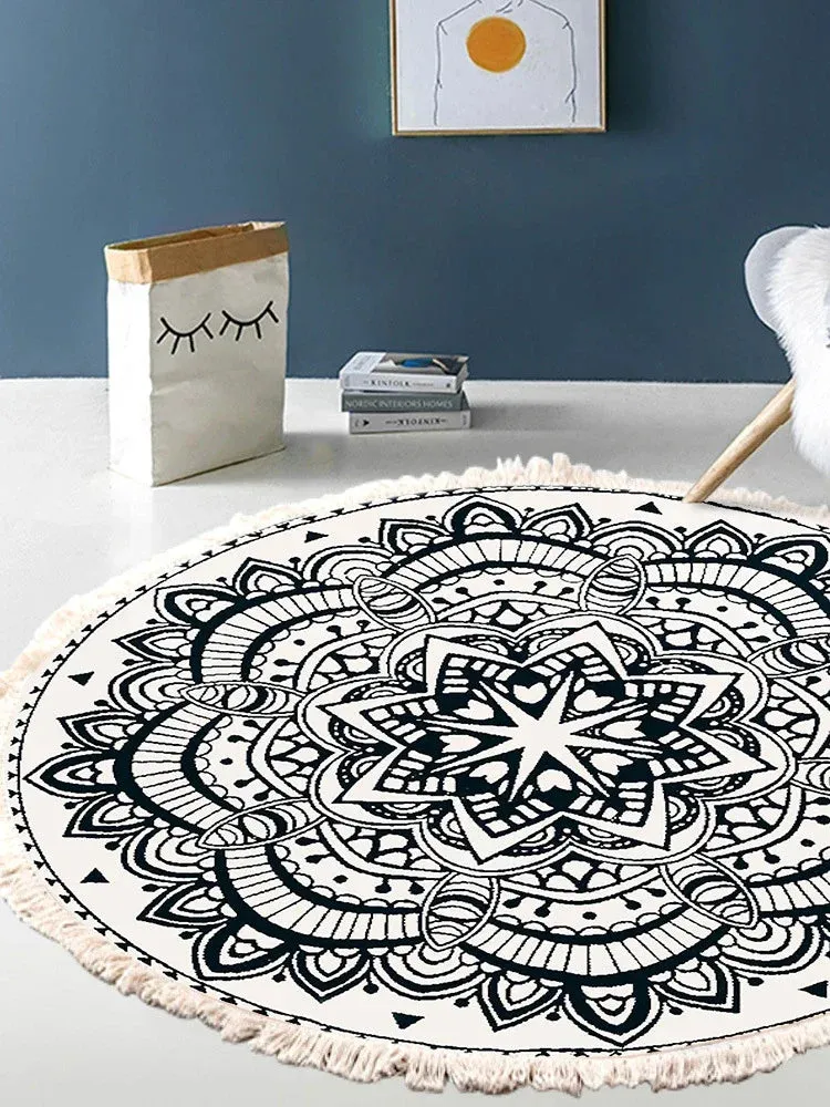 SINOTAO  -  Hand Woven Cotton Linen Carpet Retro Bohemian Round Bedside Geometric Floor Mat Living Room Home Decor Boho Mandala Tassel Rug
