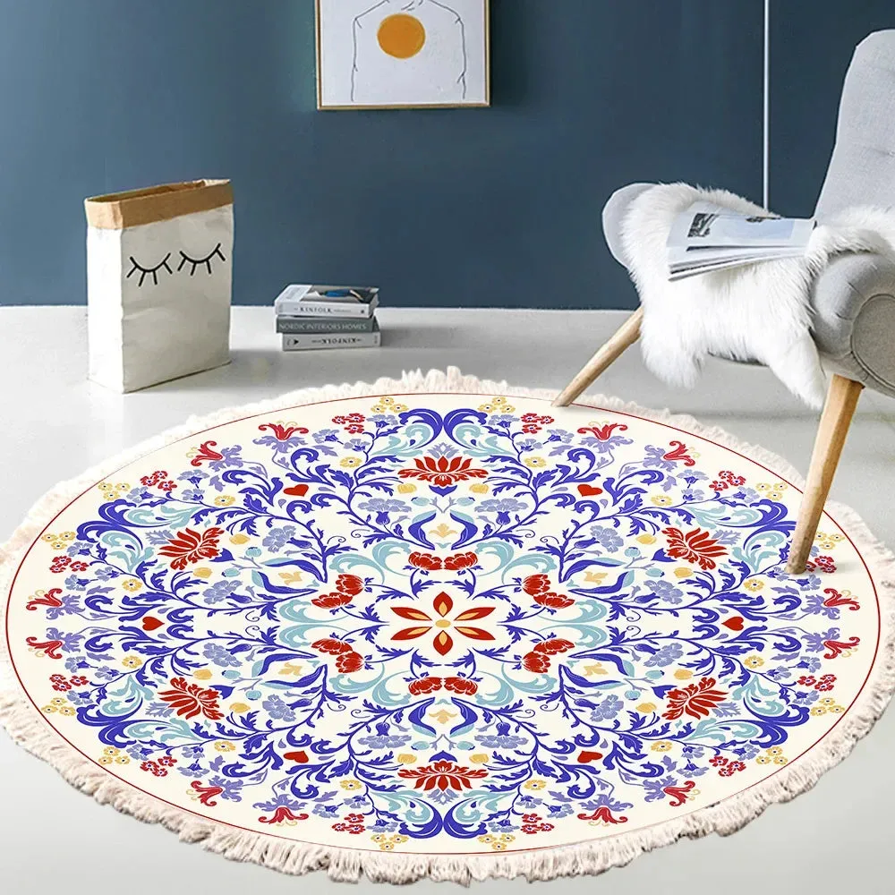 SINOTAO  -  Hand Woven Cotton Linen Carpet Retro Bohemian Round Bedside Geometric Floor Mat Living Room Home Decor Boho Mandala Tassel Rug
