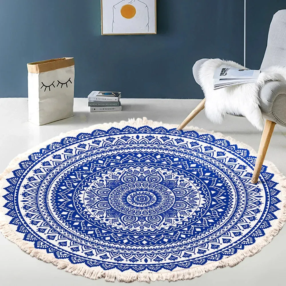 SINOTAO  -  Hand Woven Cotton Linen Carpet Retro Bohemian Round Bedside Geometric Floor Mat Living Room Home Decor Boho Mandala Tassel Rug