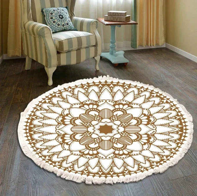 SINOTAO  -  Hand Woven Cotton Linen Carpet Retro Bohemian Round Bedside Geometric Floor Mat Living Room Home Decor Boho Mandala Tassel Rug