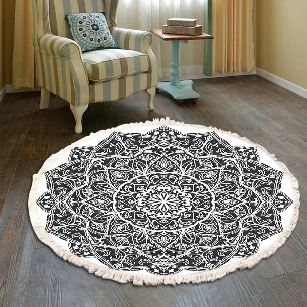 SINOTAO  -  Hand Woven Cotton Linen Carpet Retro Bohemian Round Bedside Geometric Floor Mat Living Room Home Decor Boho Mandala Tassel Rug
