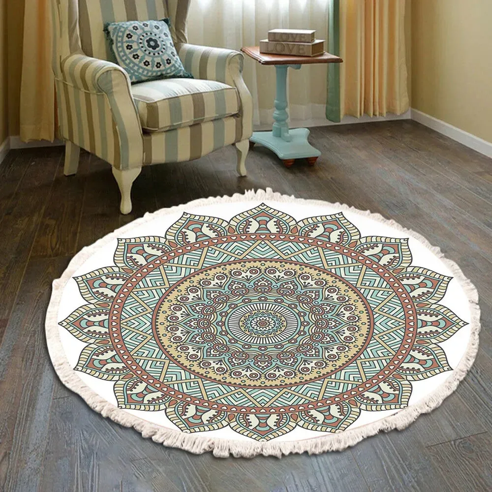 SINOTAO  -  Hand Woven Cotton Linen Carpet Retro Bohemian Round Bedside Geometric Floor Mat Living Room Home Decor Boho Mandala Tassel Rug