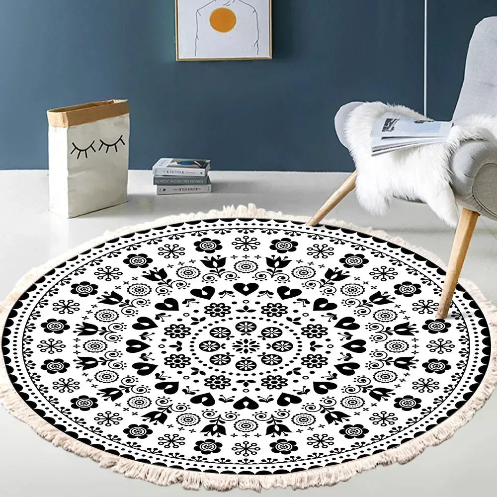 SINOTAO  -  Hand Woven Cotton Linen Carpet Retro Bohemian Round Bedside Geometric Floor Mat Living Room Home Decor Boho Mandala Tassel Rug
