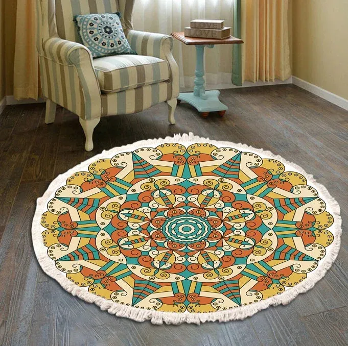 SINOTAO  -  Hand Woven Cotton Linen Carpet Retro Bohemian Round Bedside Geometric Floor Mat Living Room Home Decor Boho Mandala Tassel Rug