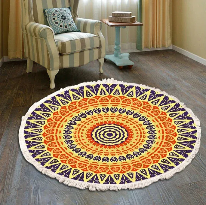 SINOTAO  -  Hand Woven Cotton Linen Carpet Retro Bohemian Round Bedside Geometric Floor Mat Living Room Home Decor Boho Mandala Tassel Rug