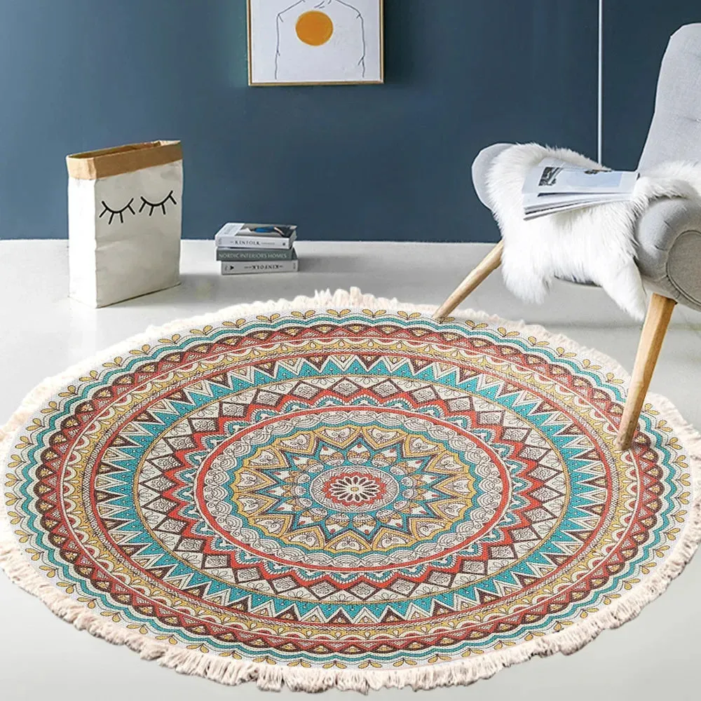 SINOTAO  -  Hand Woven Cotton Linen Carpet Retro Bohemian Round Bedside Geometric Floor Mat Living Room Home Decor Boho Mandala Tassel Rug