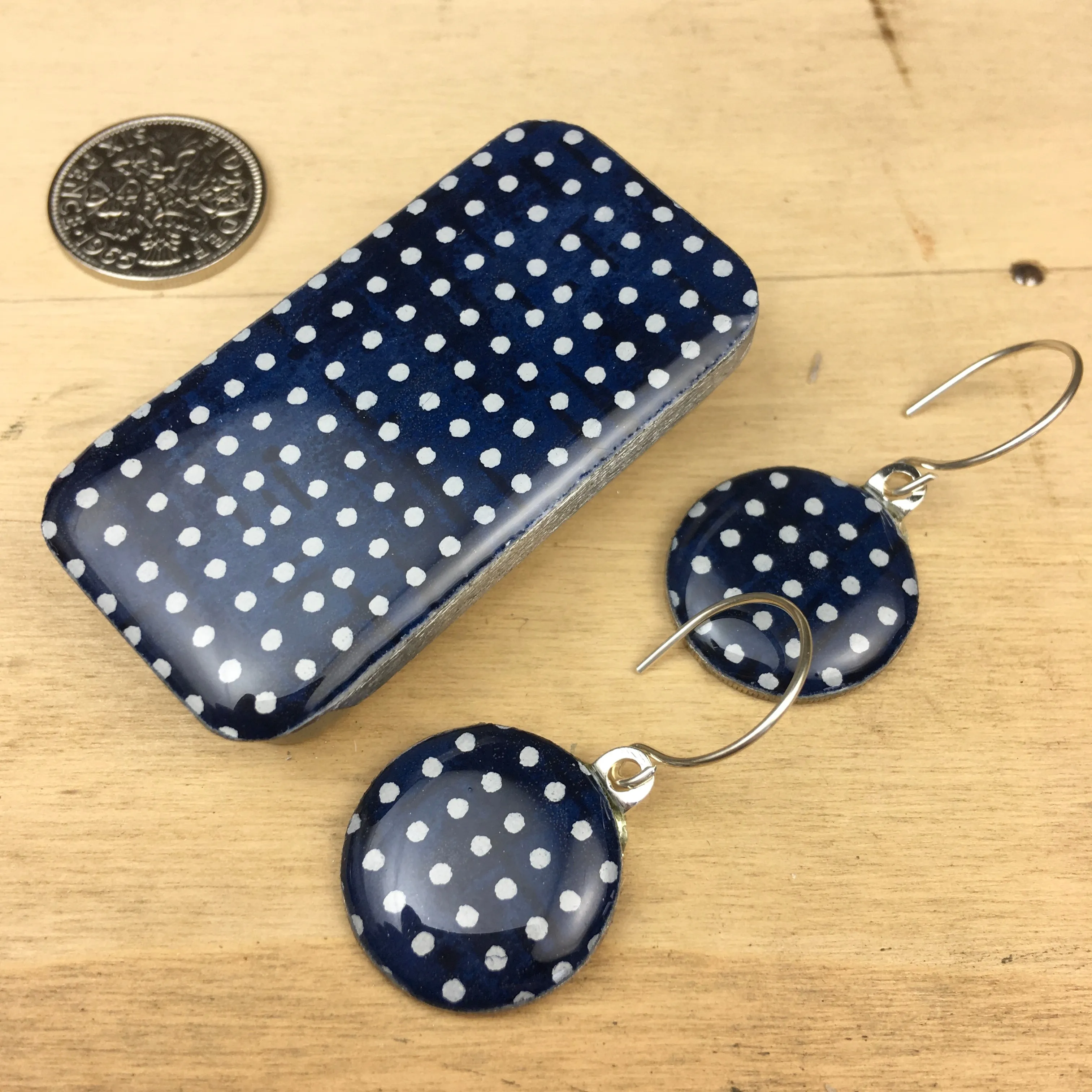 Sixpence Earrings and Teeny Tiny Tin Sea Glass Indigo