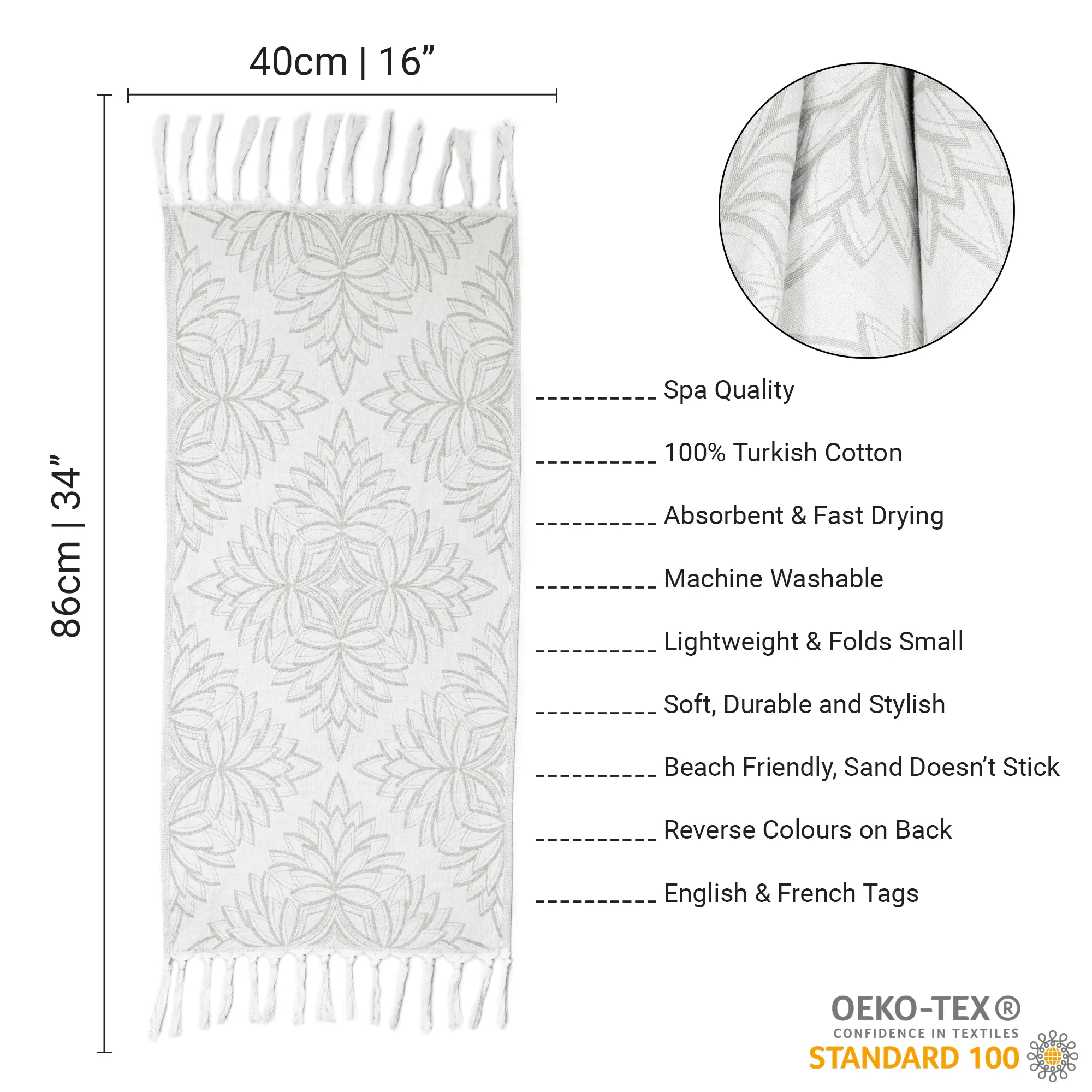 Turkish Cotton Hand Towel | Horona in Grey   White
