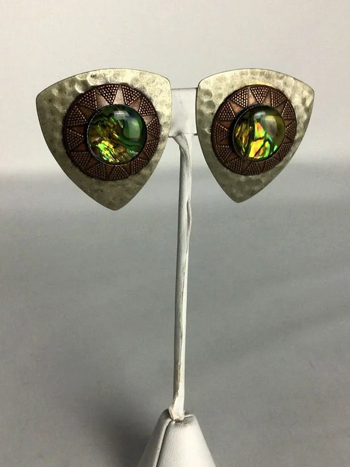 Vintage Silver & Copper Abalone Clip-On Earrings