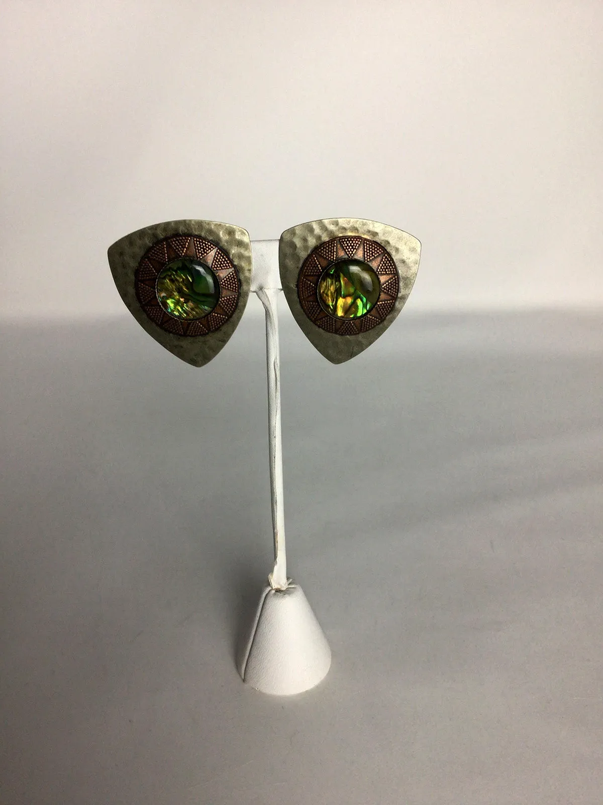 Vintage Silver & Copper Abalone Clip-On Earrings