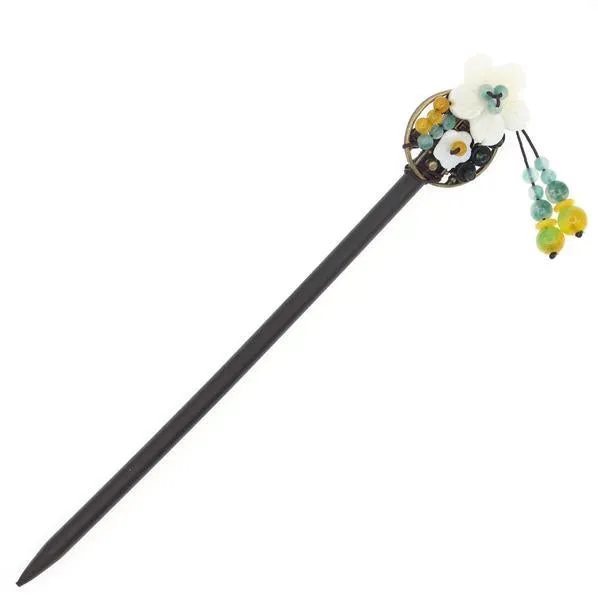 Wood Stick with Round Metal Piece Shell Flowers and Beaded Tassels