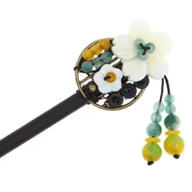 Wood Stick with Round Metal Piece Shell Flowers and Beaded Tassels